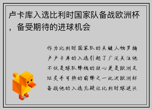 卢卡库入选比利时国家队备战欧洲杯，备受期待的进球机会