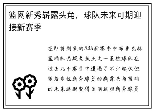 篮网新秀崭露头角，球队未来可期迎接新赛季